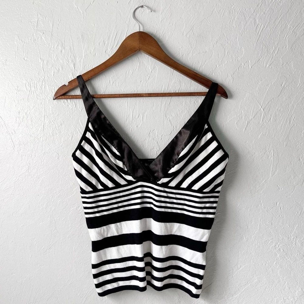 Y2k City Girl Black White Striped Knit Goth Fitted Babydoll Style Tank Top Large